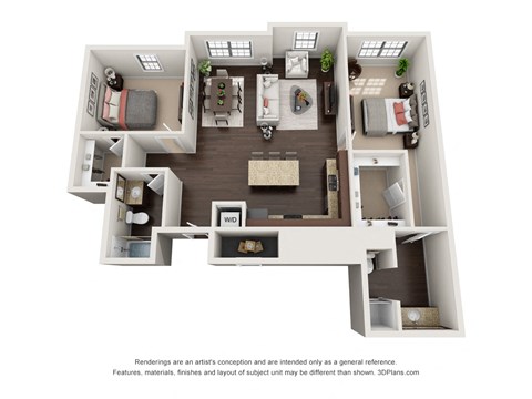 Floor plan for 2 beds, 2 baths, 1252 sqft